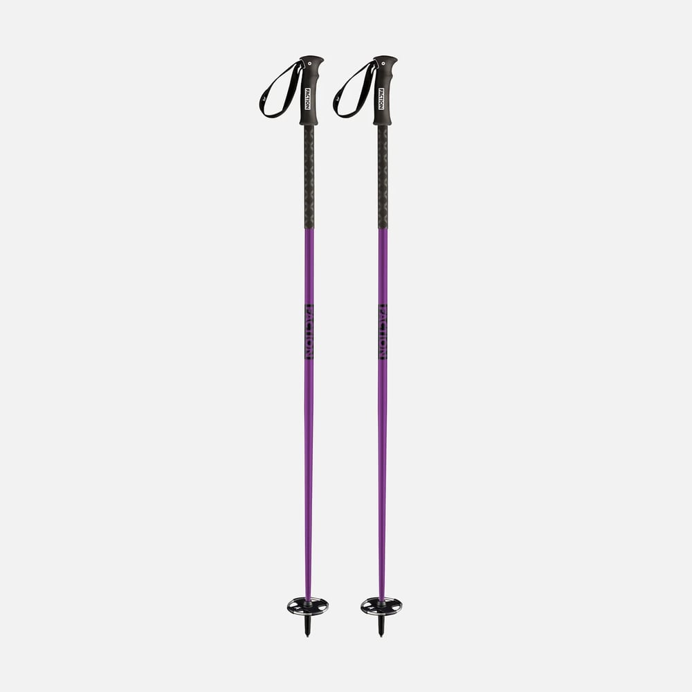 Pair of purple Faction ski poles with black ergonomic grips, wrist straps, and snow baskets.