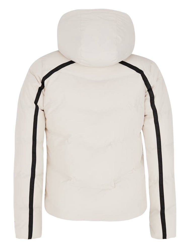 Protest Onyx women's off-white puffer jacket back view with black sleeve stripes and a hood.