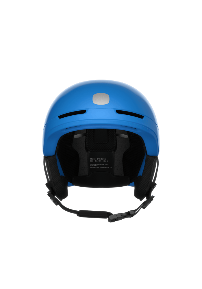 Front view of a bright blue POCito Obex Mips ski helmet with black chin strap, interior padding, and ventilation slots.