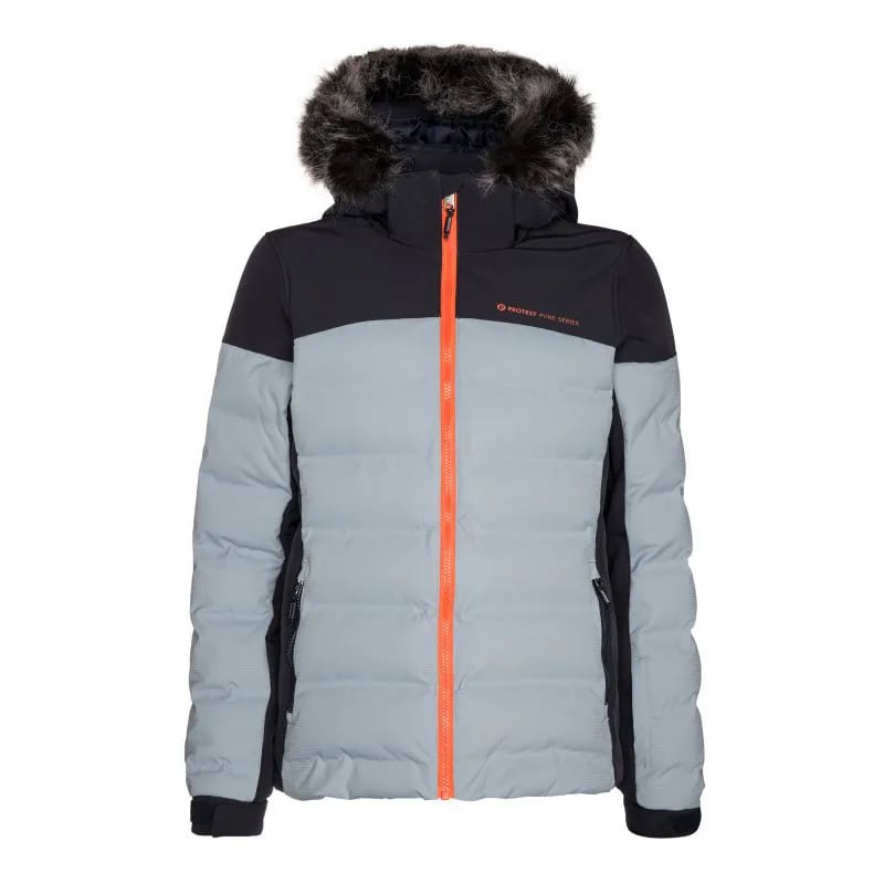 Protest Blackbird women's grey and black puffer jacket with bright orange zipper and faux fur hood.