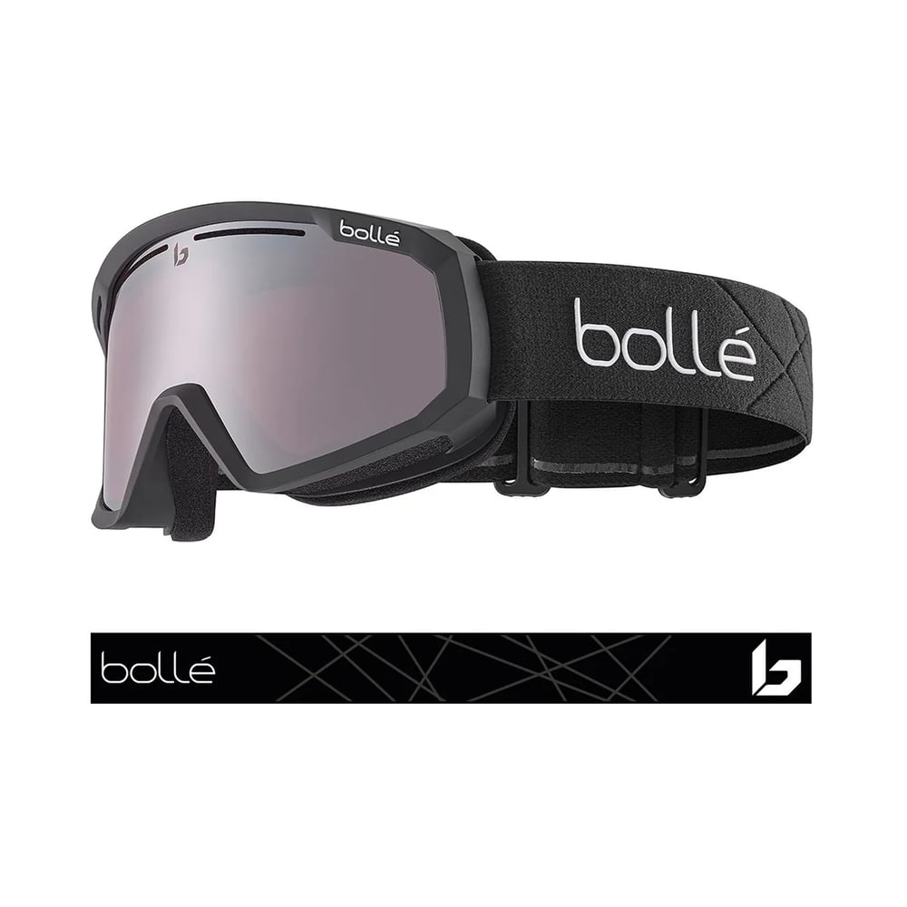 Bolle Y7 OTG matte black ski goggles with a silver mirrored lens and a black strap featuring white branding.