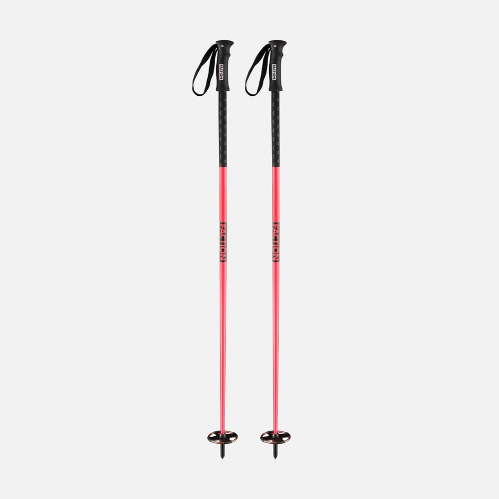 Pair of Red Faction ski poles with black grips, wrist straps, and snow baskets.