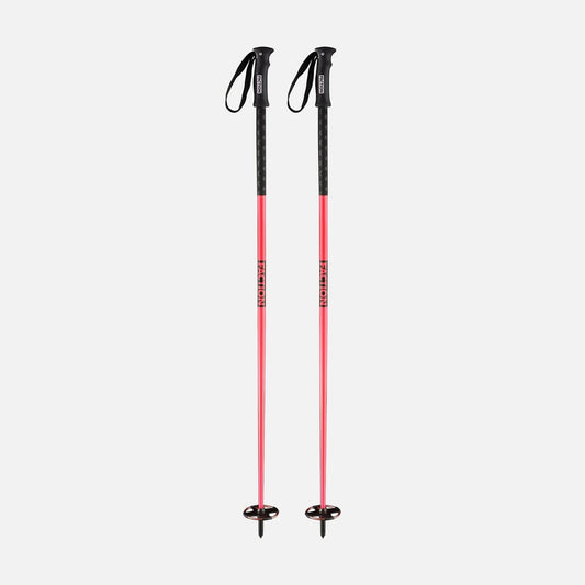 Pair of Red Faction ski poles with black grips, wrist straps, and snow baskets.