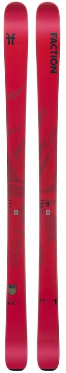 Pair of red Faction Agent 1 men's skis with black logos and tonal graphics shown from a top-down perspective.