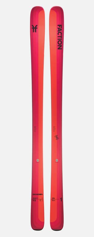 Red and orange color-blocked Faction Dancer 1 2024 men's skis shown from a top-down perspective.