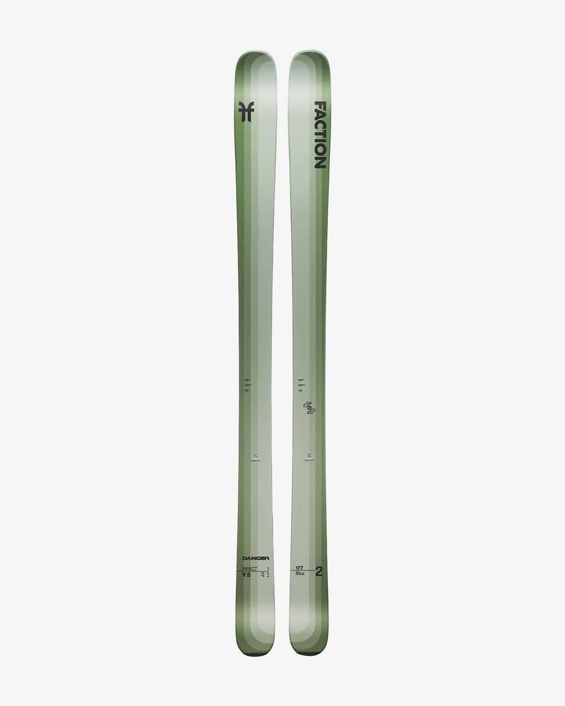 Faction Dancer 2 25/26 men's skis with sage green vertical stripes and black logos, top-down view.
