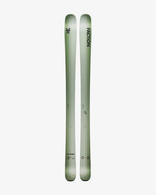 Faction Dancer 2 25/26 men's skis with sage green vertical stripes and black logos, top-down view.