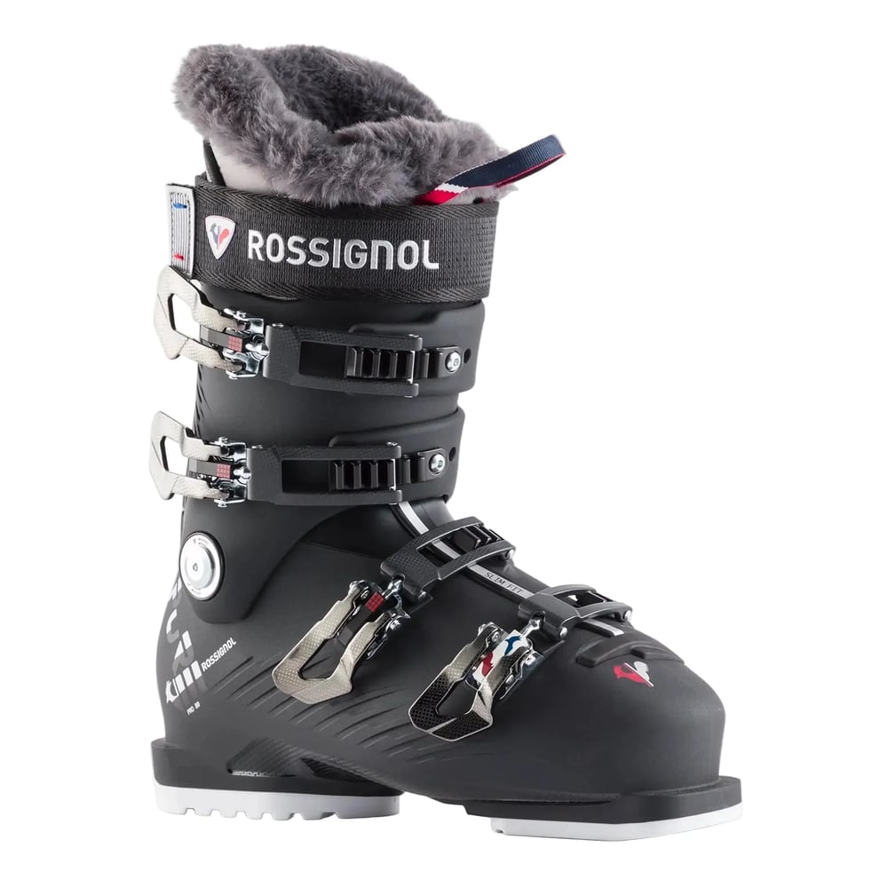 Black Rossignol Pure Pro 80 women's ski boots with grey fur lining, four buckles, and white soles in a side profile.