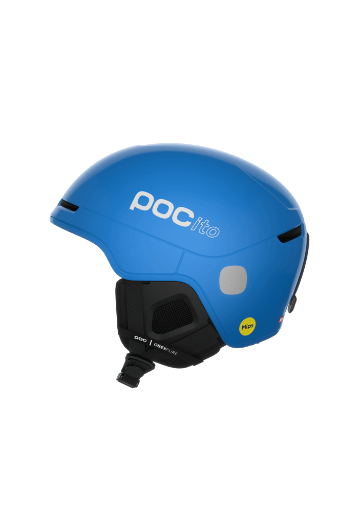 Bright blue POCito Obex Mips ski helmet with black ear pads and white branding shown from a side profile view.