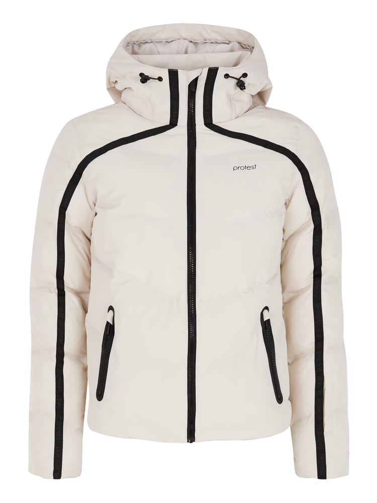 Protest Onyx women's cream puffer jacket with black stripes on sleeves, hood, and zip pockets.