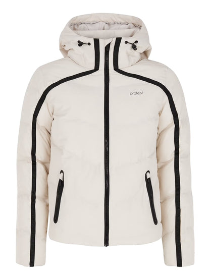 Protest Onyx women's cream puffer jacket with black stripes on sleeves, hood, and zip pockets.