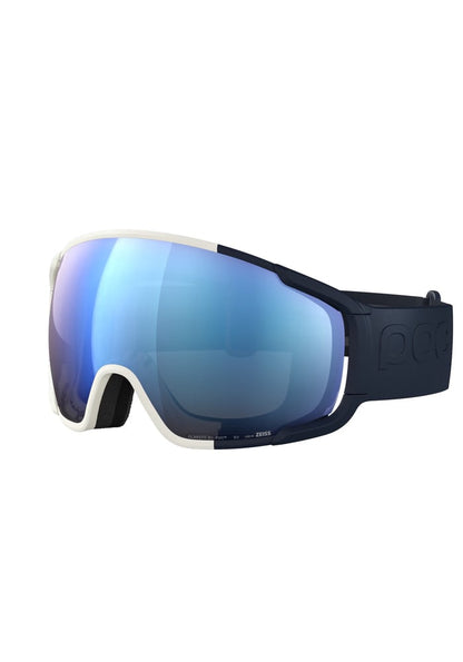 POC Zonula WF ski goggles with a blue mirrored lens, navy and white frame, and a wide navy strap with embossed logo.