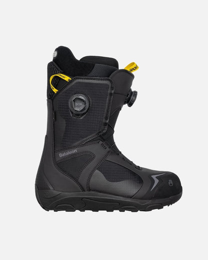 Side profile of black Bataleon Rave Double Boa men's snowboard boot with dual BOA dials and yellow pull tabs.