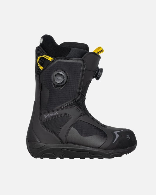 Side profile of black Bataleon Rave Double Boa men's snowboard boot with dual BOA dials and yellow pull tabs.