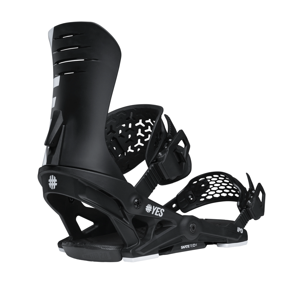 Black YES IPO 2026 men's snowboard binding with white logos, highback, and honeycomb toe strap.