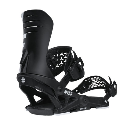 Black YES IPO 2026 men's snowboard binding with white logos, highback, and honeycomb toe strap.