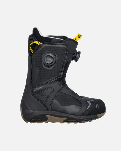 Profile of a black Bataleon Women's Rave Double Boa snowboard boot featuring dual Boa dials and yellow pull tabs.