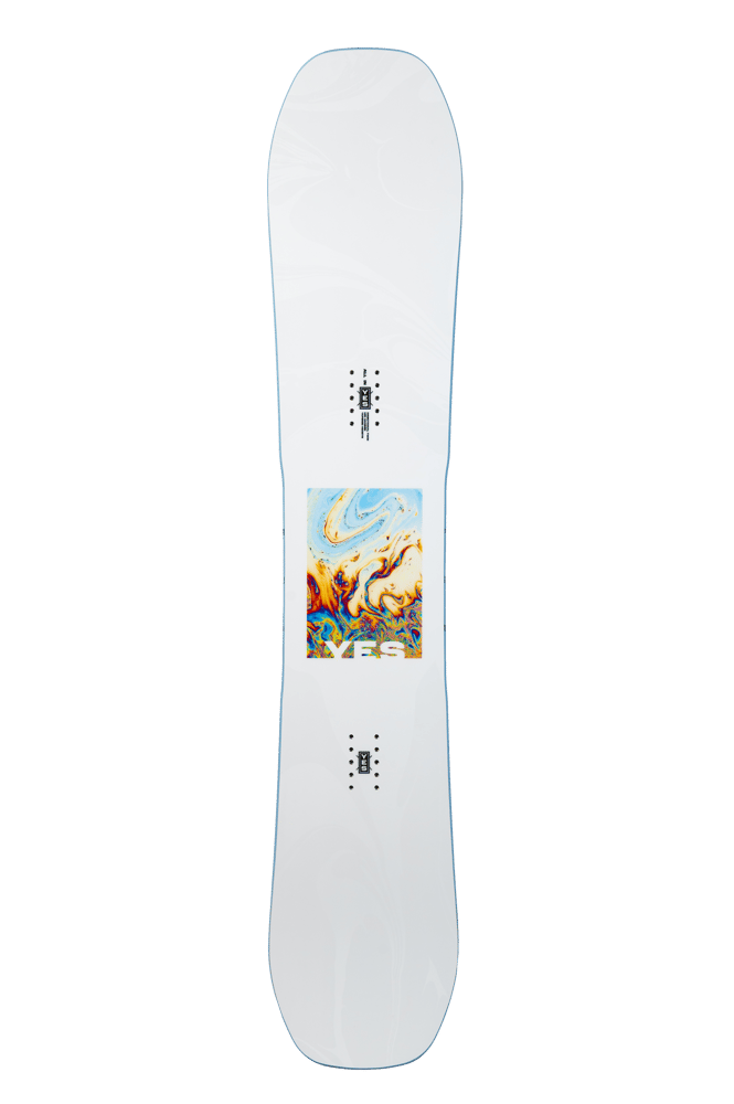 YES All In 2027 men's snowboard with a white top sheet and a colorful abstract swirl graphic in the center.