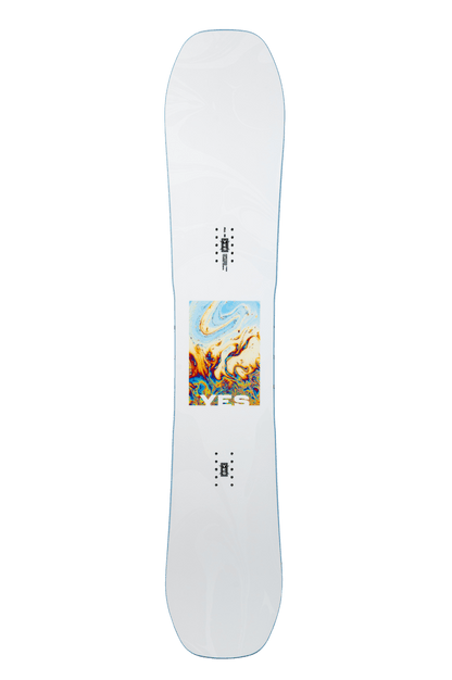 YES All In 2027 men's snowboard with a white top sheet and a colorful abstract swirl graphic in the center.