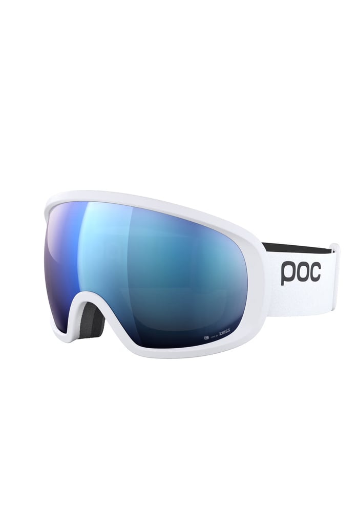 POC Fovea WF goggles with a white frame, blue mirrored spherical lens, and white strap with black branding.