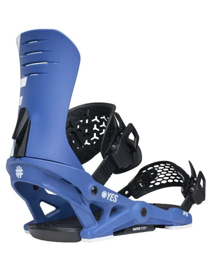 Blue YES IPO 2026 men's snowboard binding with black straps and white logo, shown from a rear side angle.