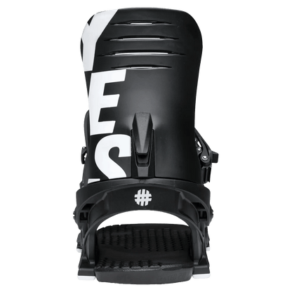 Rear view of black YES IPO 2026 men's snowboard binding with large white YES branding on the highback.