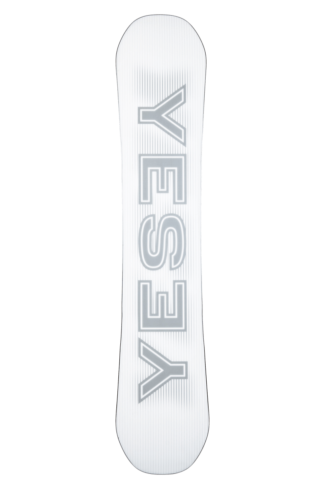 YES Basic 2027 mens snowboard base in white with large grey vertical logo and pinstripe details.