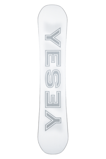 YES Basic 2027 mens snowboard base in white with large grey vertical logo and pinstripe details.