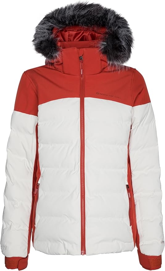 Protest Blackbird women's red and white color-blocked puffer jacket with a grey faux fur-trimmed hood.
