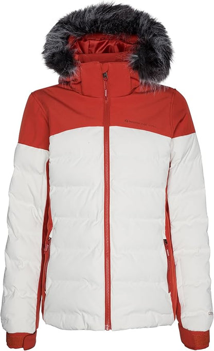 Protest Blackbird women's red and white color-blocked puffer jacket with a grey faux fur-trimmed hood.