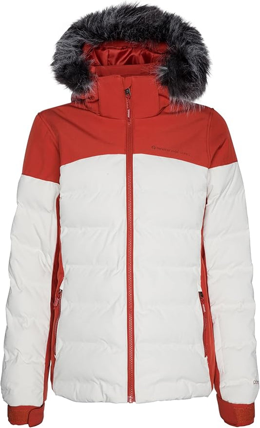 Protest Blackbird women's red and white color-blocked puffer jacket with a grey faux fur-trimmed hood.
