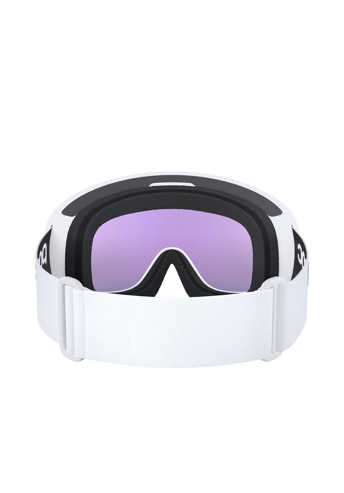 POC Fovea WF ski goggles with white frame and strap, purple tinted lens, and black foam padding, rear view.