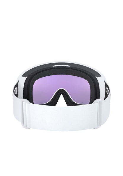 POC Fovea WF ski goggles with white frame and strap, purple tinted lens, and black foam padding, rear view.