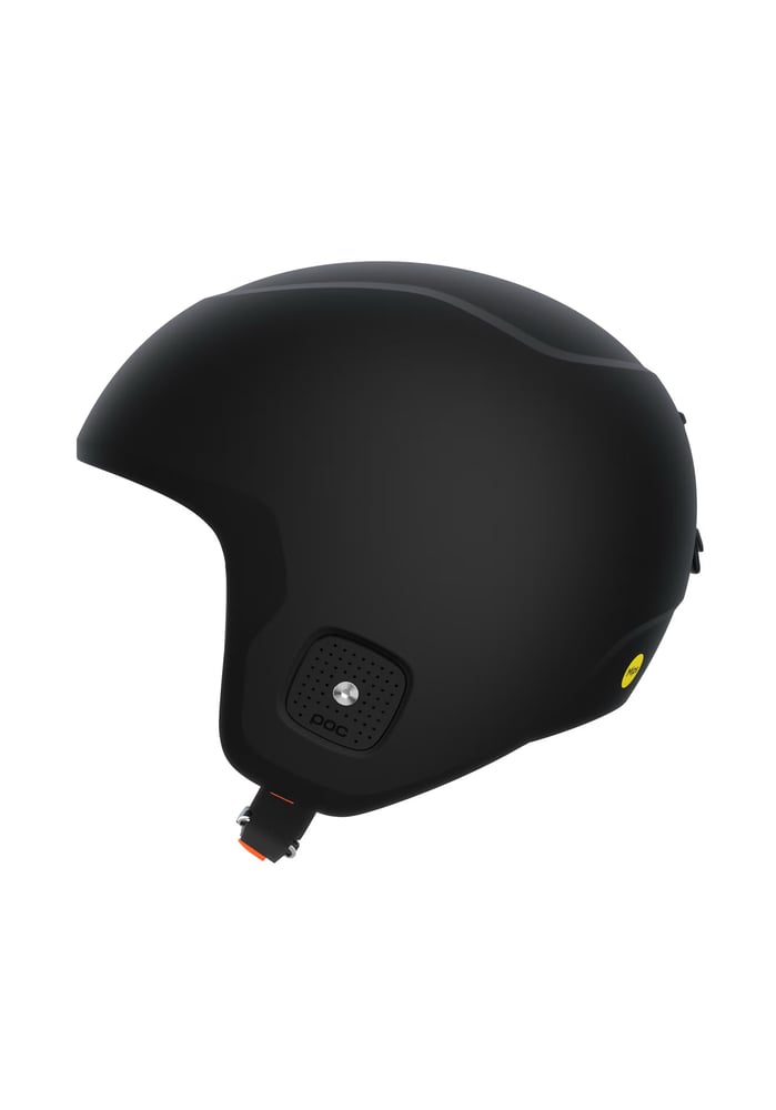 Matte black POC Skull Dura X MIPS ski helmet in a side profile view with ear pads and yellow MIPS logo.