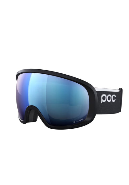 POC Fovea WF goggles featuring a black frame and blue mirrored lens with a black strap and white logo.