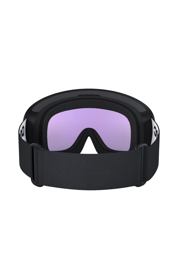 POC Fovea WF ski goggles rear view with black frame, wide adjustable strap, and purple tinted lens.