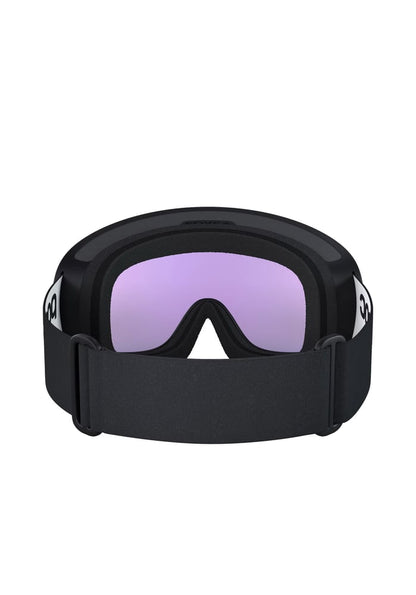 POC Fovea WF ski goggles rear view with black frame, wide adjustable strap, and purple tinted lens.