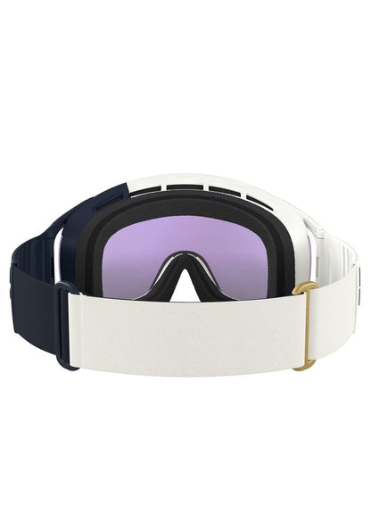 Rear view of POC Zonula WF goggles with purple lens, navy and white strap, gold buckle, and black foam padding.