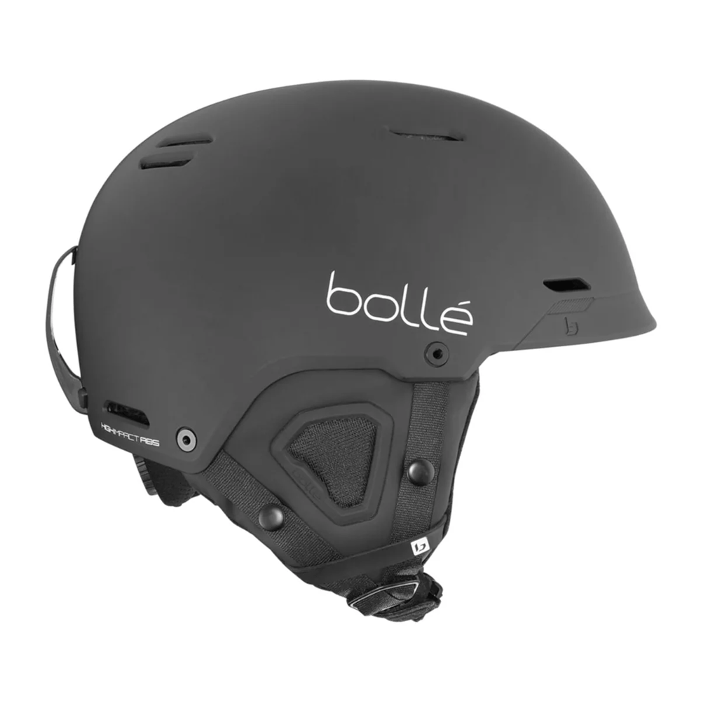 Matte black Bolle Mute ski helmet shown from a side profile with ventilation slots and padded ear covers.