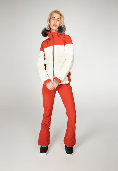 Protest Blackbird women's ski jacket in red and white with faux fur hood and matching red ski pants.