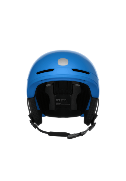 Front view of a bright blue POCito Obex Mips ski helmet with black chin strap, interior padding, and ventilation slots.