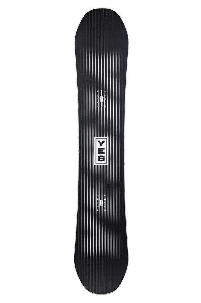YES Basic 2027 mens snowboard with black and white vertical pinstripe graphics and central YES logo.