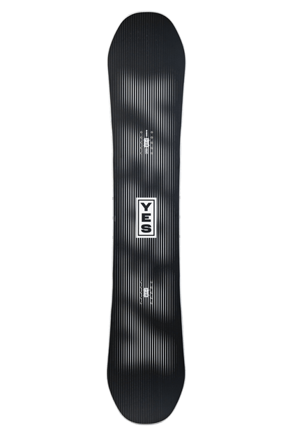 YES Basic 2027 mens snowboard with black and white vertical pinstripe graphics and central YES logo.