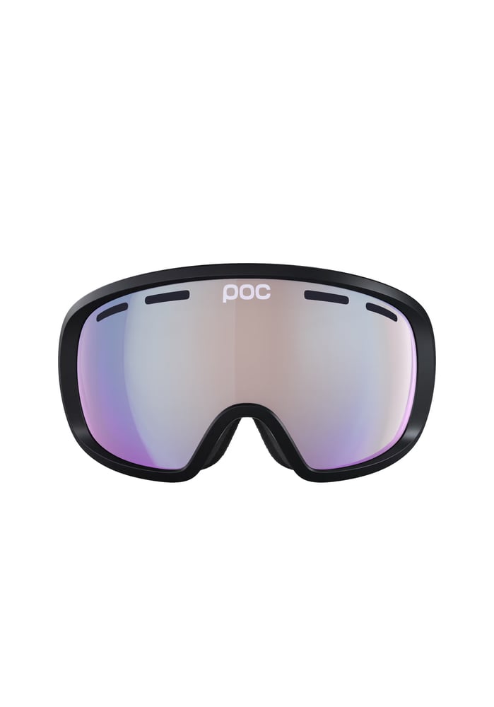POC Fovea Photochromic goggles with black frame and iridescent pink-silver lens featuring top ventilation slits.
