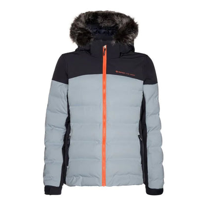Protest Blackbird women's grey and black puffer jacket with bright orange zipper and faux fur hood.