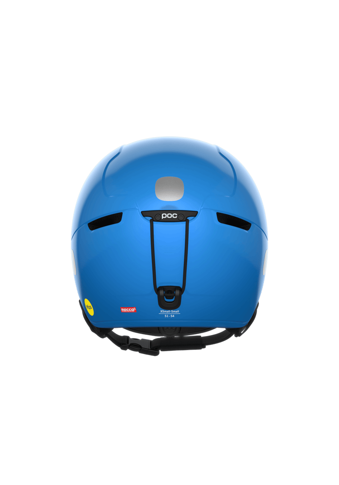 Rear view of a bright blue POCito Obex Mips helmet with a black goggle clip, vents, and reflective safety patch.