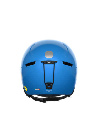 Rear view of a bright blue POCito Obex Mips helmet with a black goggle clip, vents, and reflective safety patch.