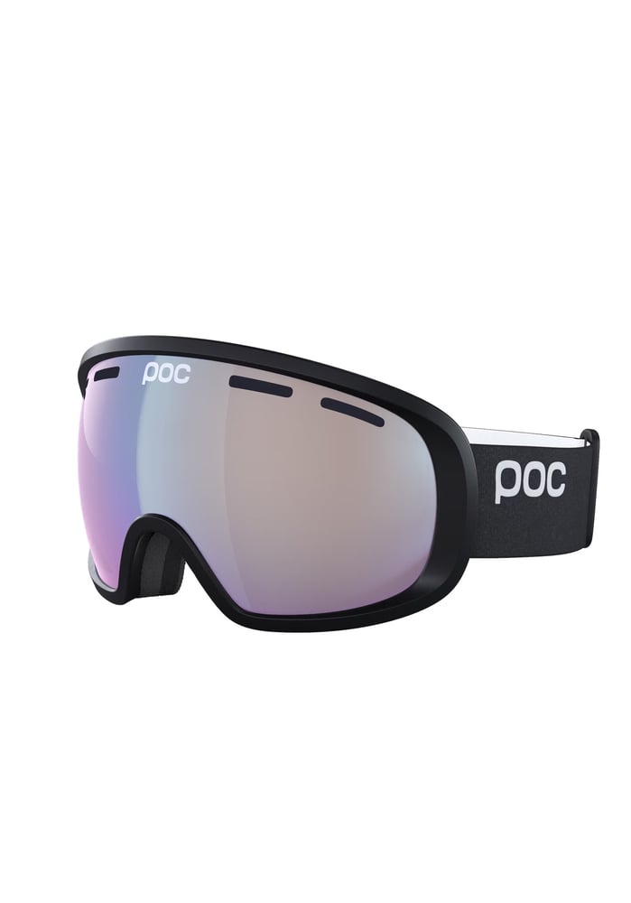 POC Fovea Photochromic ski goggles with a black frame, pink mirrored spherical lens, and black strap with white logo.