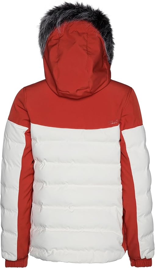 Red and white Protest Blackbird women's puffer jacket with a faux fur-trimmed hood, shown from the back.