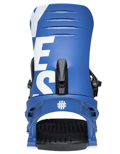 Rear view of blue YES IPO 2026 snowboard binding with white logo on the highback and black forward lean adjuster.